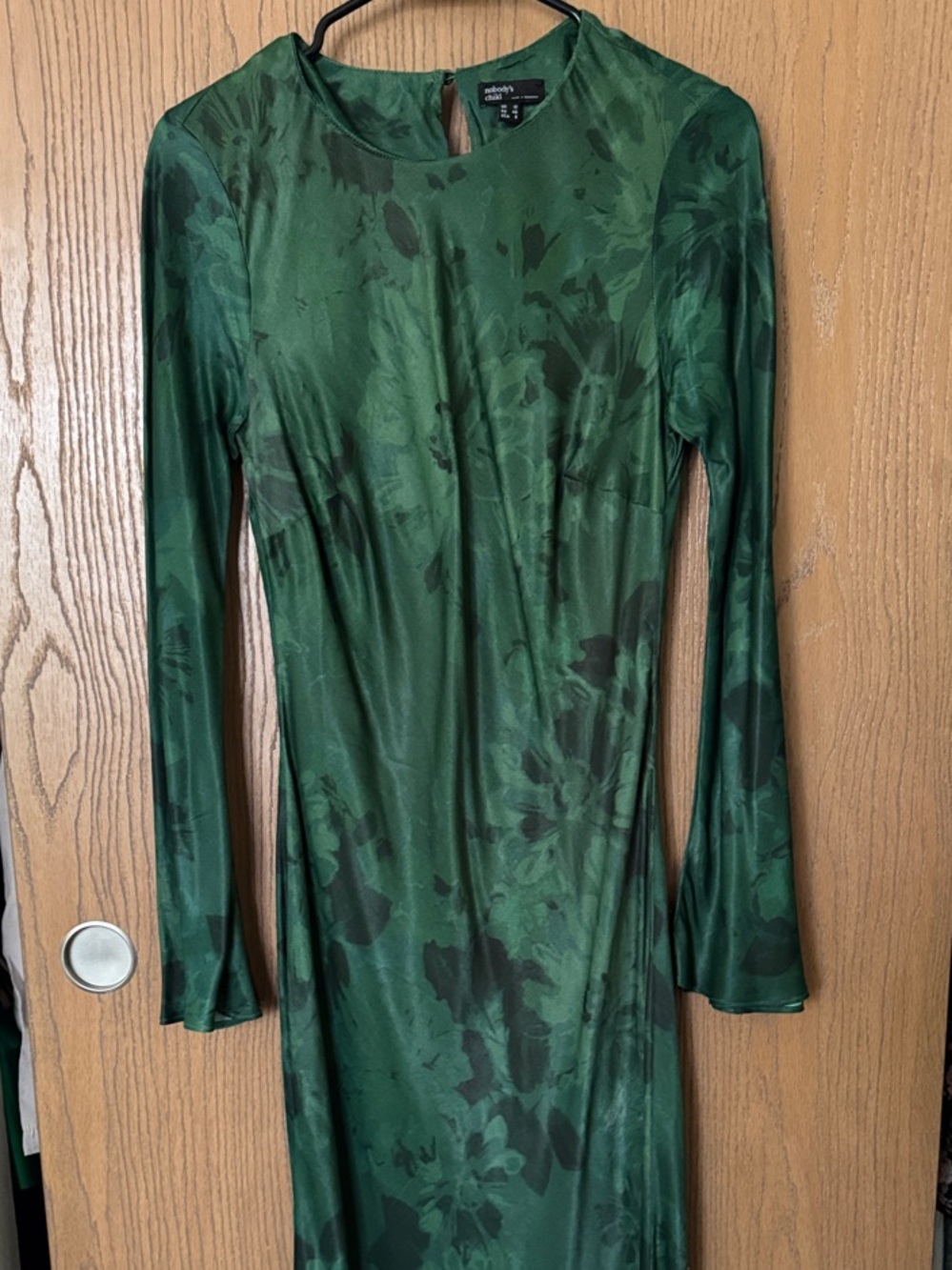 Emerald Floral Satin Maxi Dress with Long Sleeves